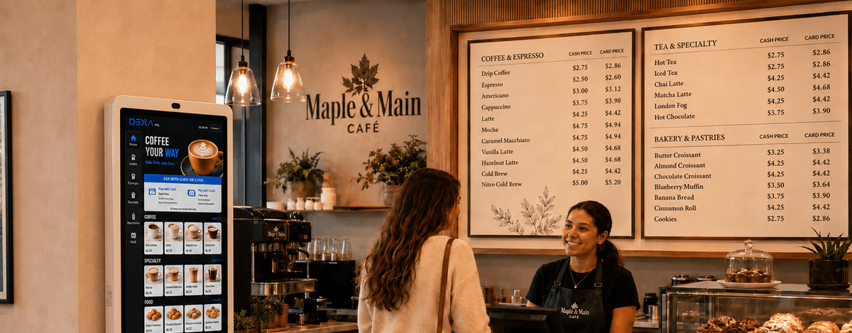 Cafe counter with a mounted ordering kiosk under a menu board, showing how legal dual pricing posts cash and card prices upfront