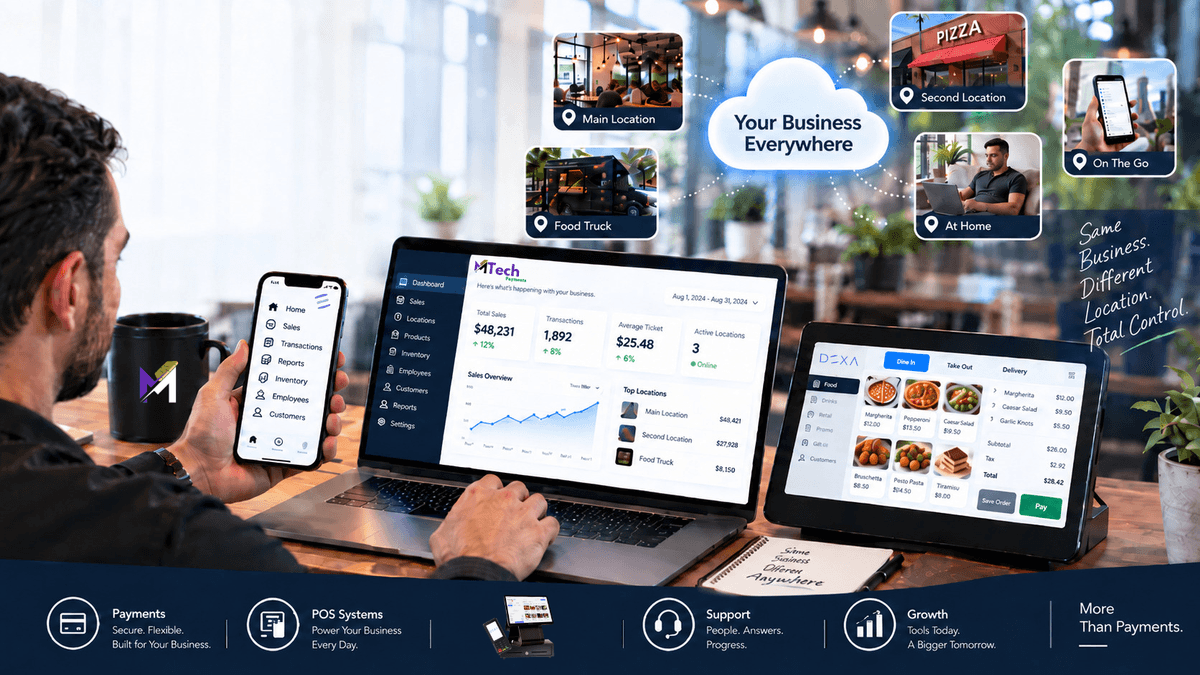 MTech Merchant Portal dashboard shown on a laptop screen